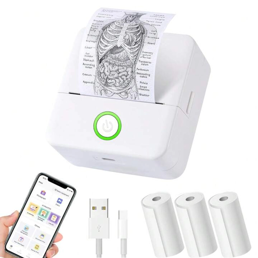 Mini-stickerprinter, thermische printer-labelmaker met 3 rollen papier, draagbare mini draadloze Bluetooth-inktloze printer, kleine zakprinter voor afbeeldingen, foto's, tijdschriften, doe-het-zelf