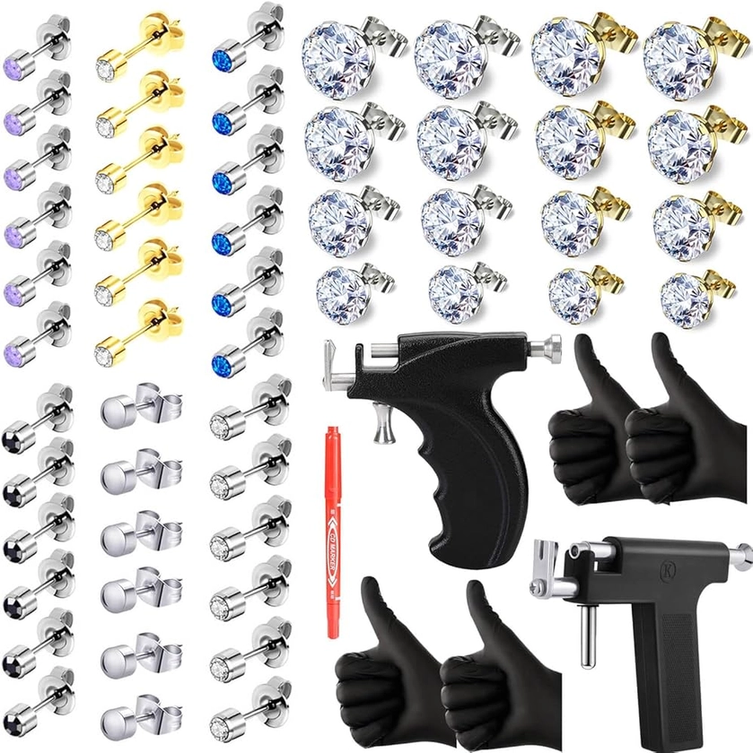 Professional Ear Piercing Kit with Colorful Diamond Stud Earrings and Black Ear Piercing Gun Alcohol Pad for Salon and Home Use Suitable for Ear Nose Lip Piercing