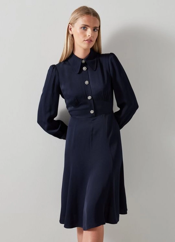 Mira Navy Crepe Long Sleeve Tea Dress