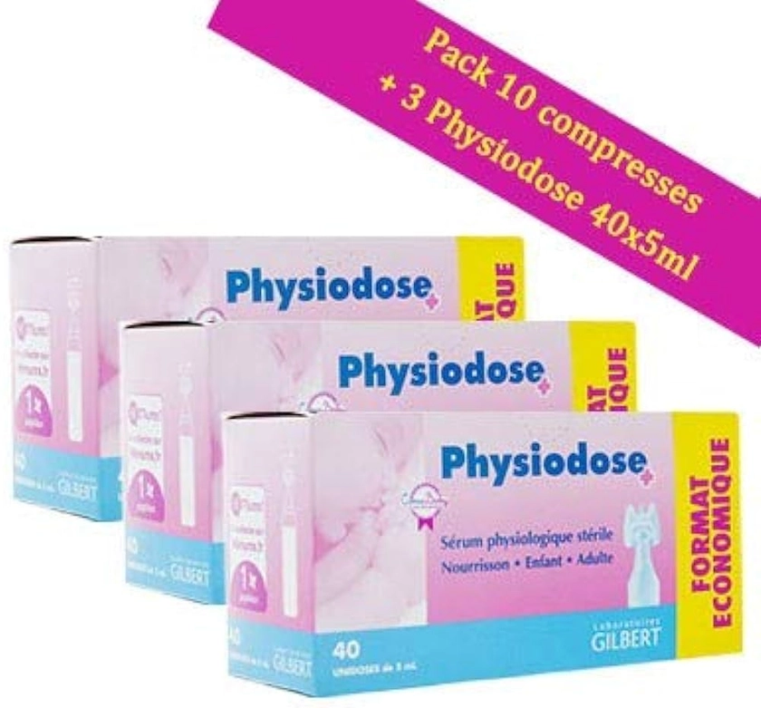 Physiodose Sérum physiologiques Lot de 3 boîtes de 40 unidoses + 10 Sachets de 2 Compresses Stériles 7,5x7,5cm