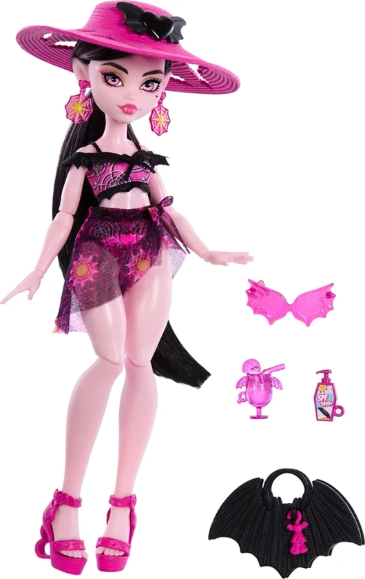 Monster High Scare-adise Island Draculaura Poupée avec maillot de bain, sarong et accessoires de plage comme chapeau, protection solaire et sac de transport