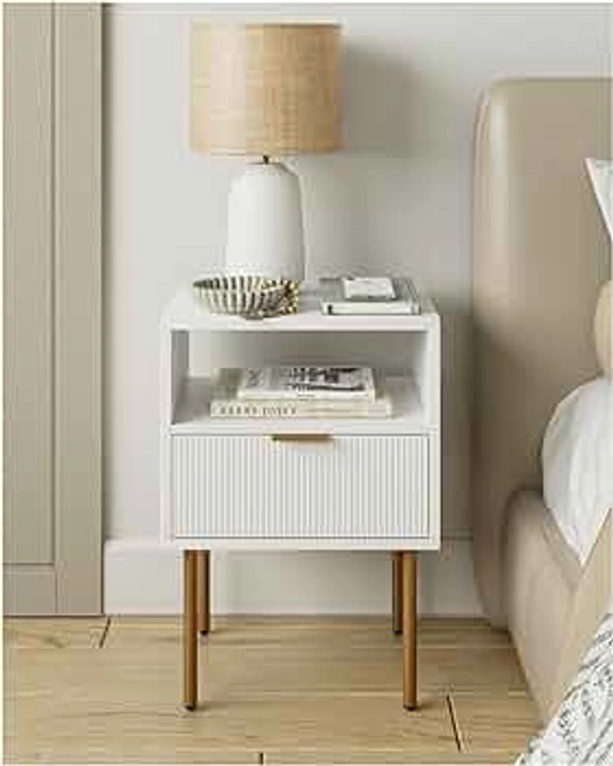 Nightstand,Small Bedside Table with Gold Frame,White Night Stand,Bedside Furniture,Side Table with Drawer and Shelf for Bedroom,Living Room
