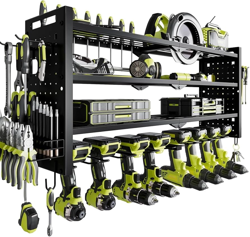 Power Tool Organizer Wall Mount,Cordless Drill Organizer,4 Layers Large Capacity Tool Rack with 8 Drill Holders (BLACK)