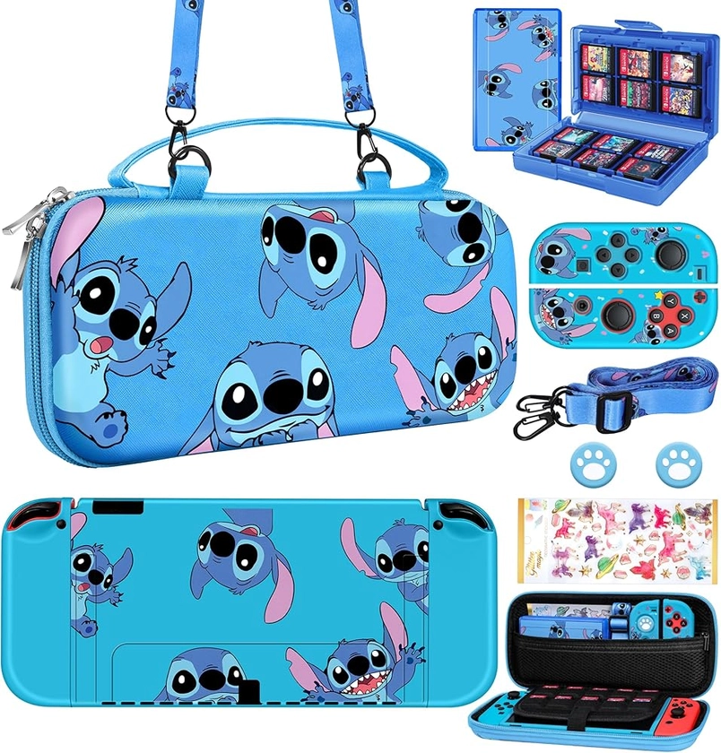 Xinocy for Nintendo Switch OLED 9 in 1 Storage Accessories Kit with Travel Carrying Case+Switch Protective Cover+Game Case Holder+Strap+Sticker+2 Joycon Shells+2 Thumb Caps Cute for Boys Kids Girls-S