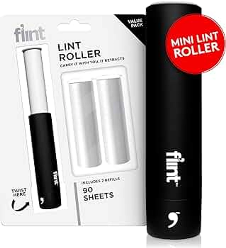 Flint Classic Black Retractable Mini Lint Roller with 90 Extra Sticky Sheets, Small and Portable Lint Roller, Ideal Pet Hair Remover Lint Roller, Travel Lint Roller, and Lint Roller for Clothes