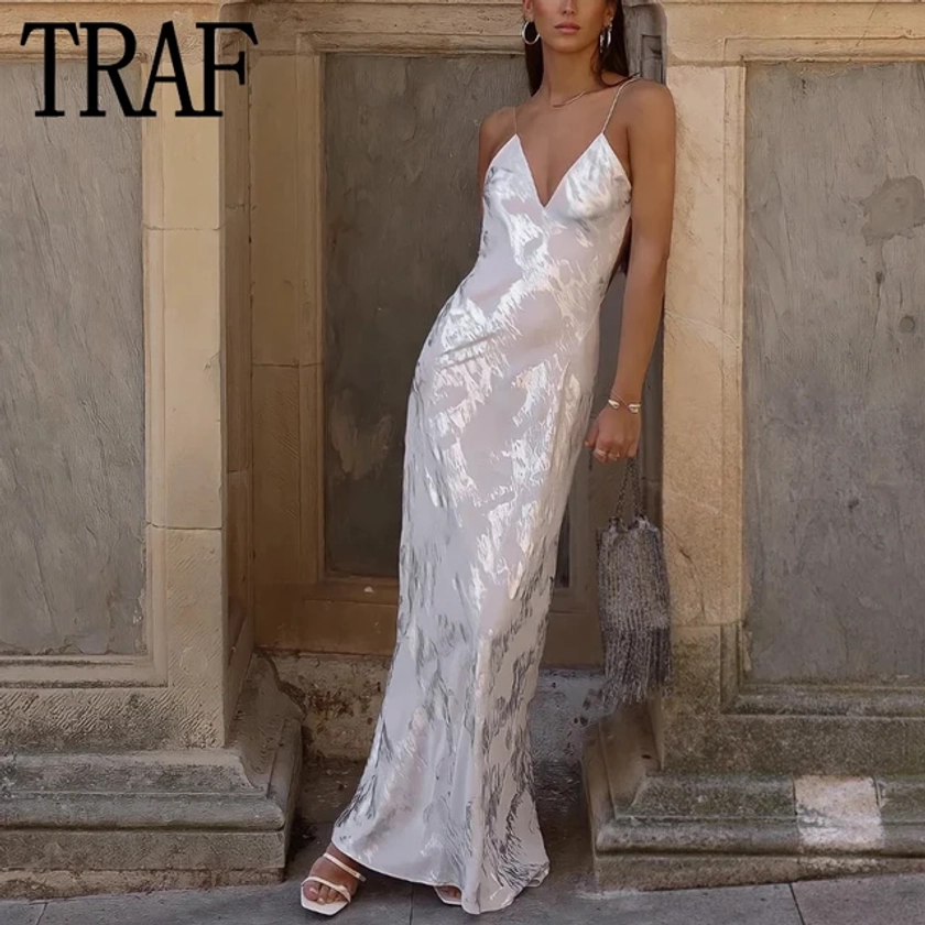 TRAF-Robe Longue Argentée pour Femme, Tenue de Soirée Sexy, Dos aux, Brillante, Fibre, Été, 2023 - AliExpress 