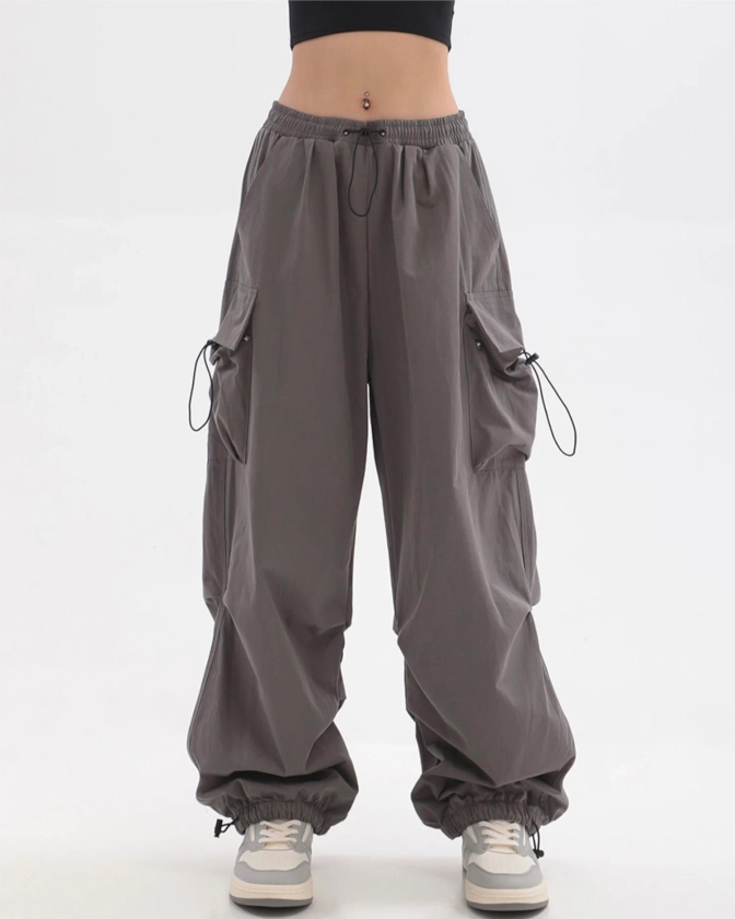 Sherlyn Solid Color Grey Straight Leg Multi-Pocket Cargo Parachute Pants