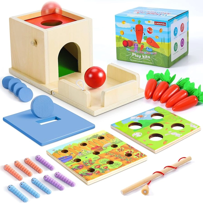 COOLJOY Jeux Montessori Bois | Jouet de Chute de Balle, Récolte de Carottes, Ver Attrape, Boîte à Pièces | Sensoriel Bebe a partir de 3 ans