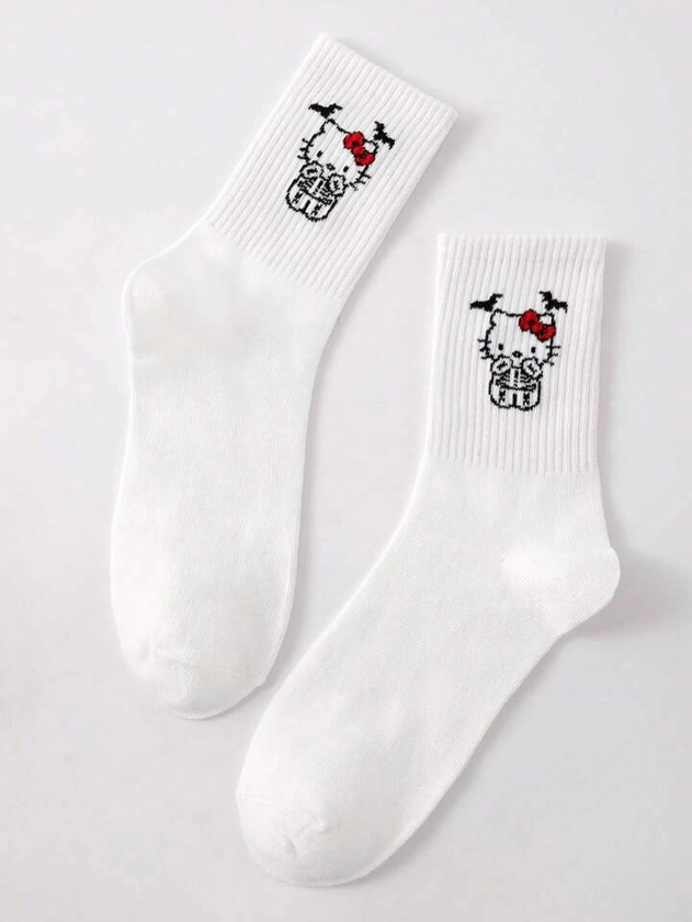 1 par de calcetines tipo tripulación para mujeres/hombres/niños/niñas con diseño de calavera de gato/murciélago de dibujos animados, cómodos, suaves, transpirables, adecuados para el hogar, fiesta de Halloween, deportes, regalos y uso diario