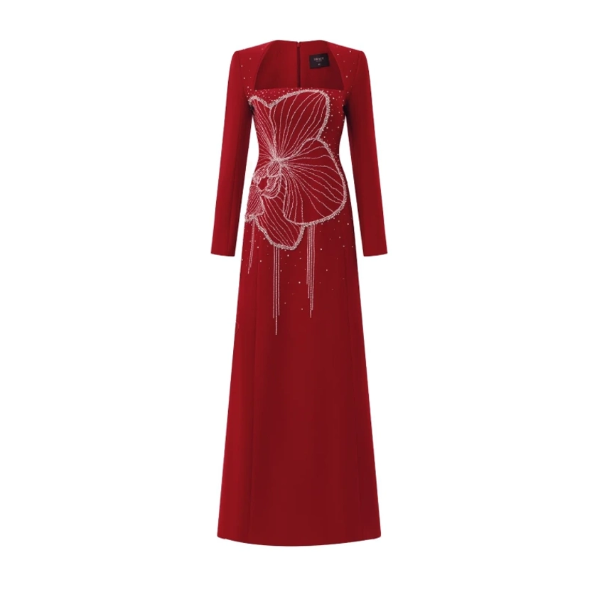 Crystal Embellished Long Sleeves Dress - Red
