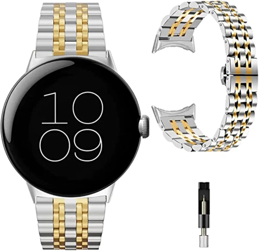 Miimall Metal Strap for Google Pixel Watch 3/2/ 1 41mm, Ultra-thin Stainless Steel Band with Folding Clasp Men Women Adjustable Replacement Strap Wristband for Pixel Watch 41mm 2024(Silver+Gold)