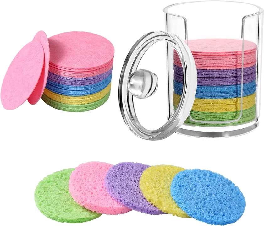 50-Count Compressed Natural Facial Sponges for Face Cleansing, Reusable Cosmetic Sponge, Used for Exfoliating and Makeup Removal With Clear Plastic Storage Jar (Colourful, 50pcs）