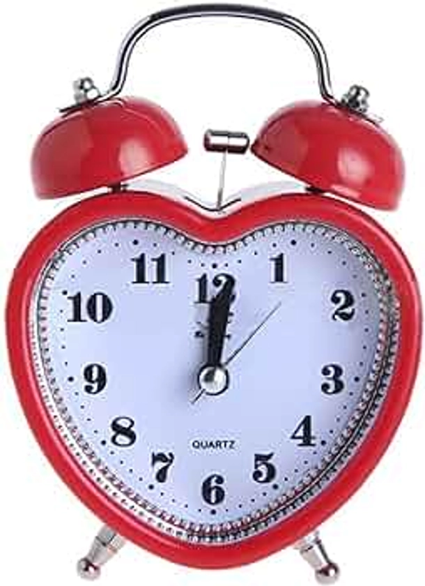 3in Small Heart Shape Loud Twin Bell Plastic Alarm Clock Silent Analog Quartz Nightlight Clock for Heavy Sleepers
