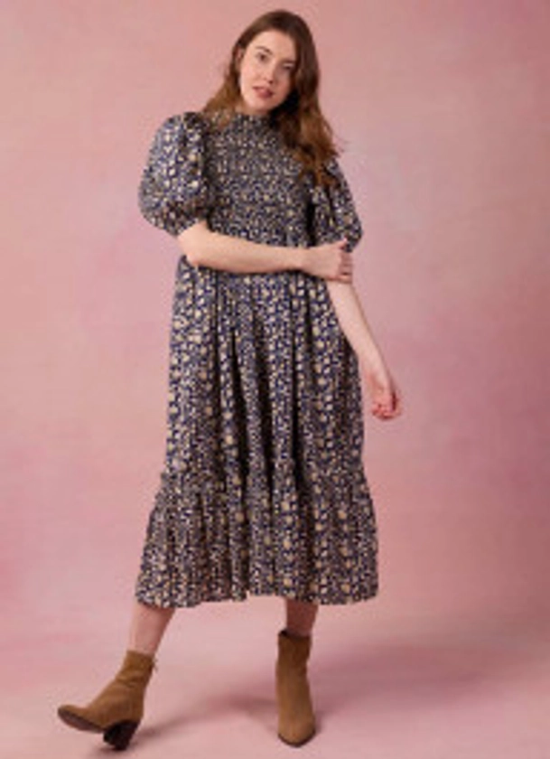 Priya Navy Floral Print Puff Sleeve Midi Dress