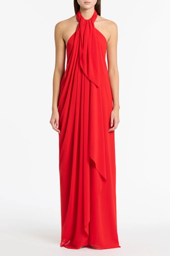 RED GEORGETTE RUFFLE HALTER GOWN