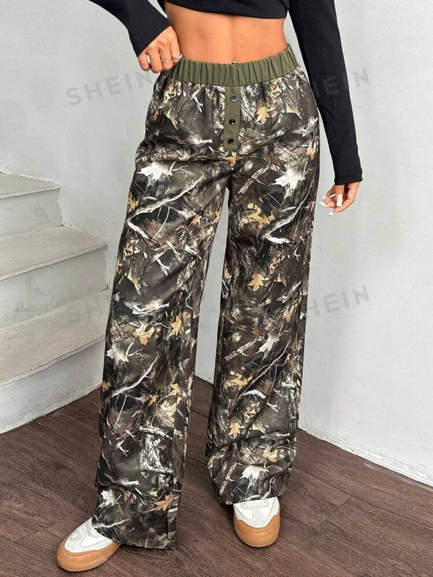 SHEIN EZwear Women's Casual Elastic Waist Wide-Leg Woven Pants With Branch Print