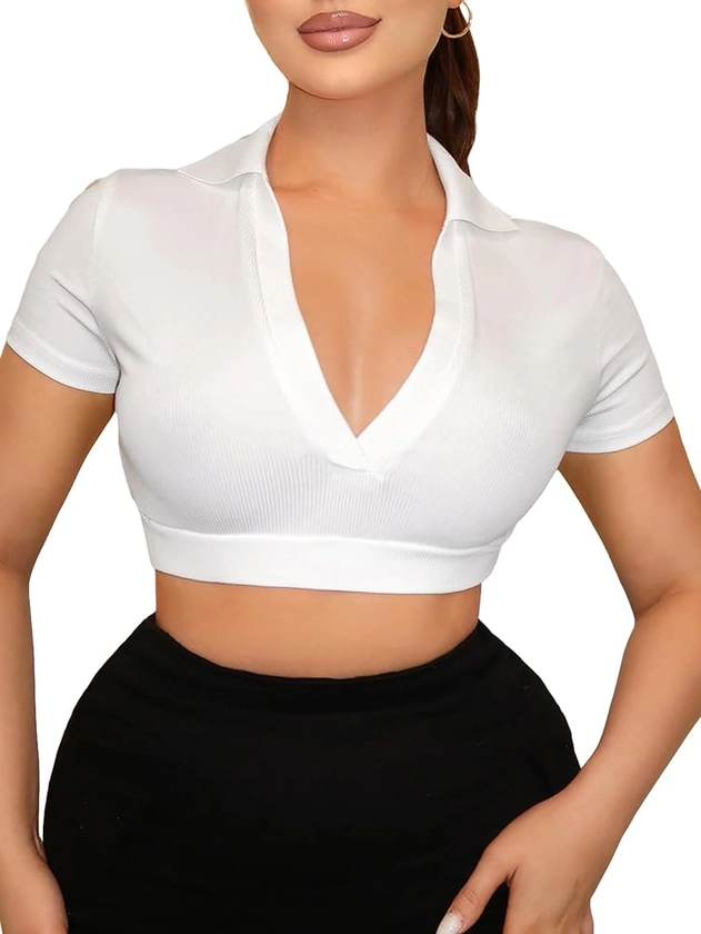 Floerns Women's Casual Short Sleeve Collar V Neck Knitted Tee Shirt Slim Fit Crop Top White XS at Amazon Women’s Clothing store