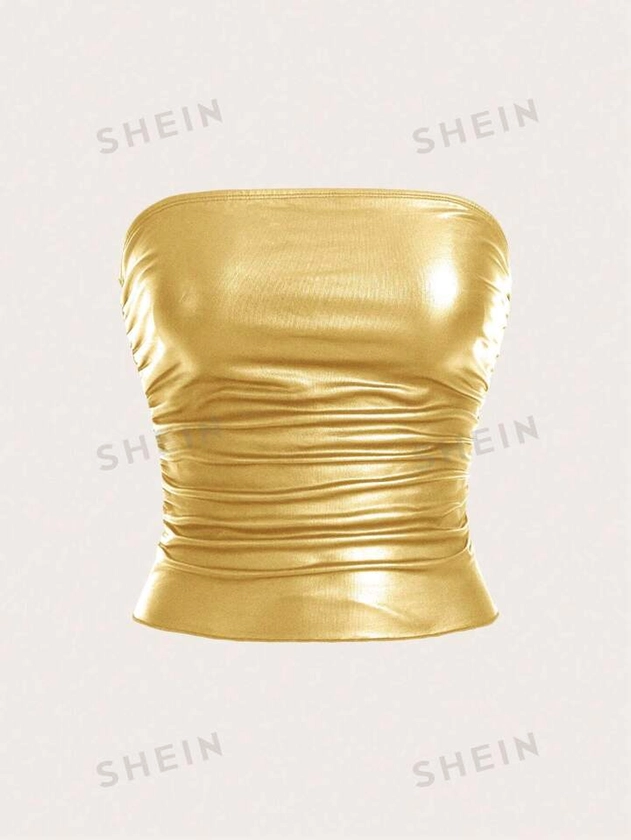 SHEIN ICON Women's Metallic Pleated Slim Fit Strapless Top For Summer