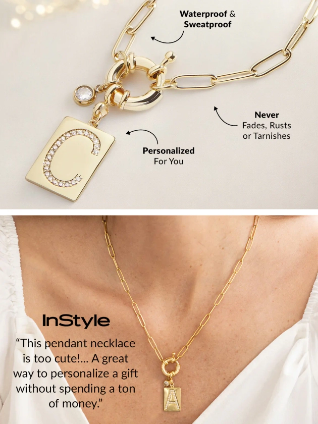 Pave Initial Pendant Necklace with Paperclip Chain