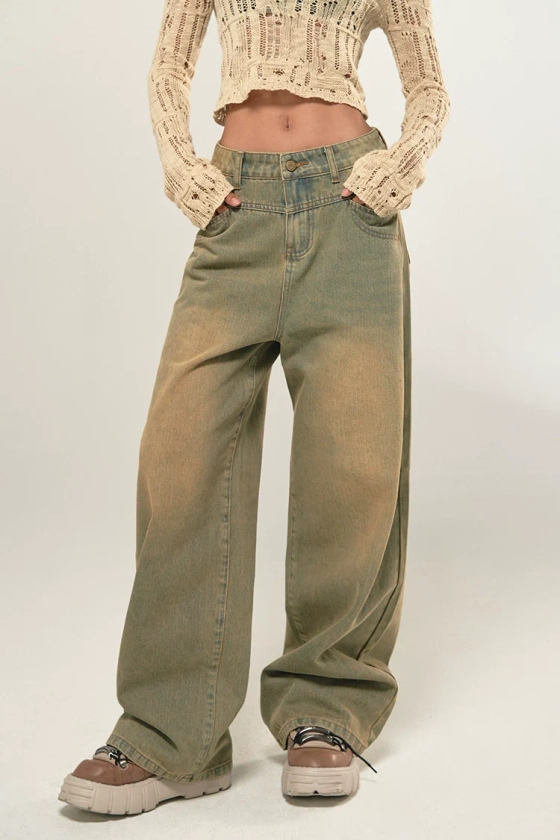 BeerBro Washed Faded Denim High Waist Straight Leg Baggy Jeans Pants