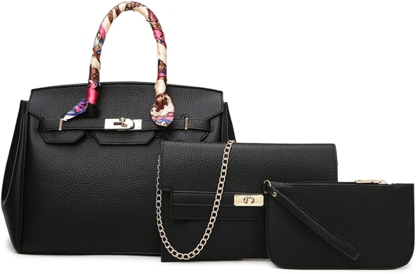 Women's Luxury Designer PU Leather Silk Ribbon Tote Handbag Clutch Handle Satchel Square Purse 3 Set Shoulder Bag