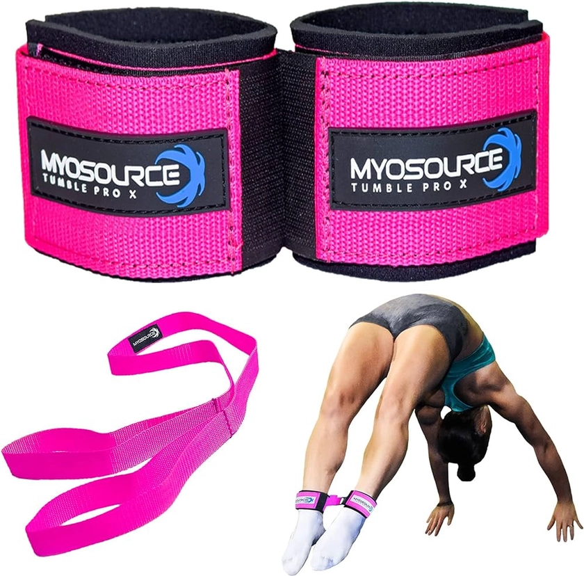 Tumble Pro X Ankle Straps Kit – Cheerleading Standing Tumbling Equipment, Gymnastics Backhandspring Trainer – Includes Flexibility Stunt Stretch Strap – Blue or Pink
