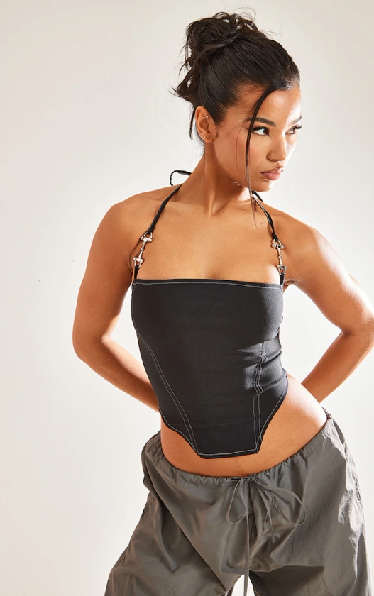 Black Contrast Stich Halter Neck Crop Top With Metal Hardware Detail