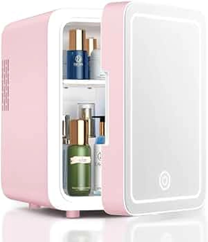 Skincare Fridge With Dimmable LED Light Mirror, 4L Makeup Mini Fridge for Bedroom, Car, Office & Dorm, Cooler & Warmer, Portable Small Refrigerator for Cosmetics, Skin Care and Food, Pink