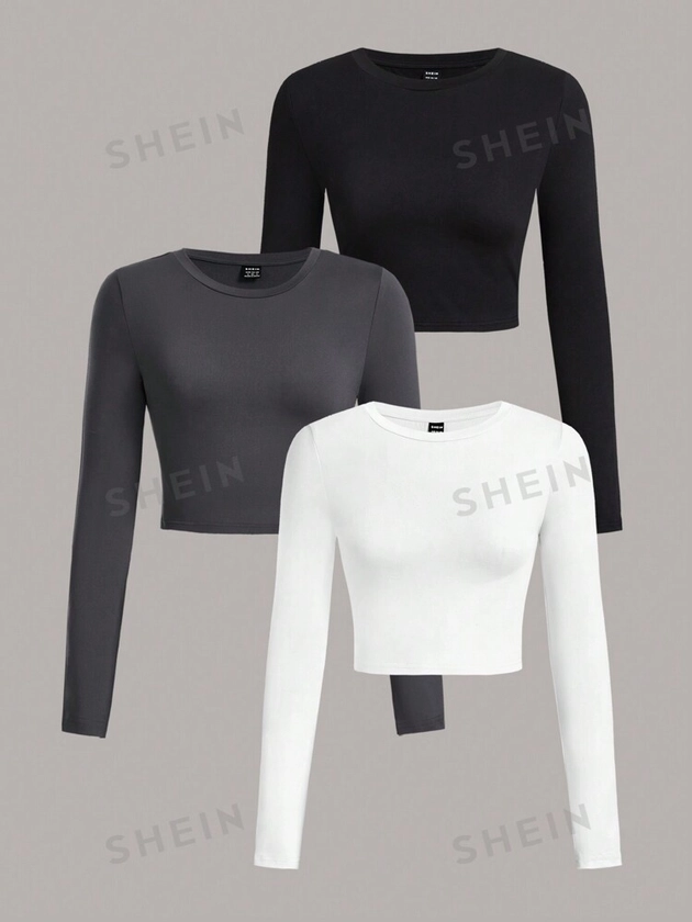 SHEIN EZwear 3pcs/Set Women's Casual Simple Crew Neck Long Sleeve Cropped Fitted T-Shirts, Suitable For Spring & Autumn