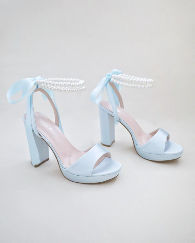 Satin Platform Block Heel Wedding Sandals with Double Pearls Ankle Strap