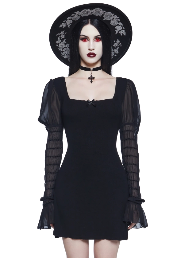 Widow Vampire Goth Stretchy Ribbed Knit Chiffon Puff Smocked Long Sleeves - Black