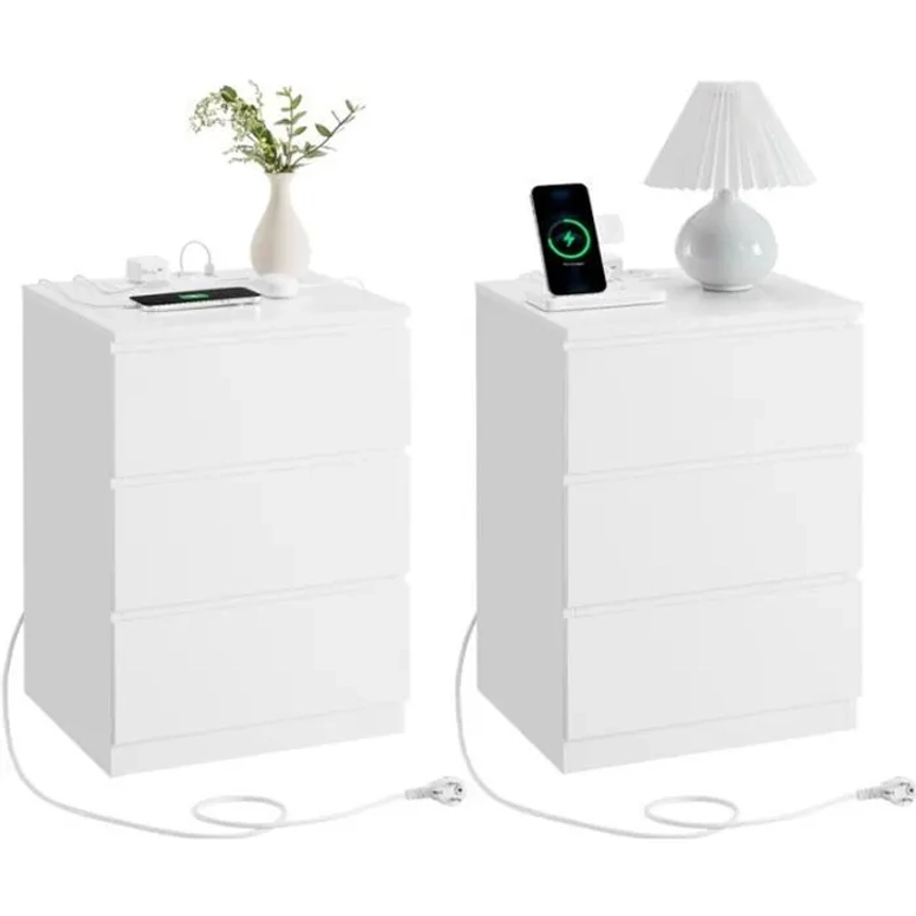 Table de Chevet avec Multiprise, Lot de 2, 2 Prises CA, 2 Ports USB, Façades de Tiroirs Biseautées, Moderne, Blanc Nuage