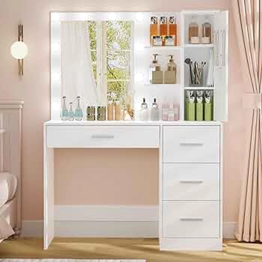 usikey Makeup Vanity with Lights, Vanity Desk with Mirror and 10 LED Lights, Vanity Table Set with 4 Drawers, Cabinet & 4 Necklace Hooks, Dressing Table for Bedroom, White