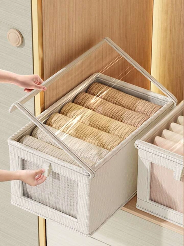 1pc Oxford Cloth Foldable Storage Box With Window And Lid, Portable Moisture-Proof Fabric Organizer For Clothes, Pants, Socks And Underwear, Suitable For Wardrobe