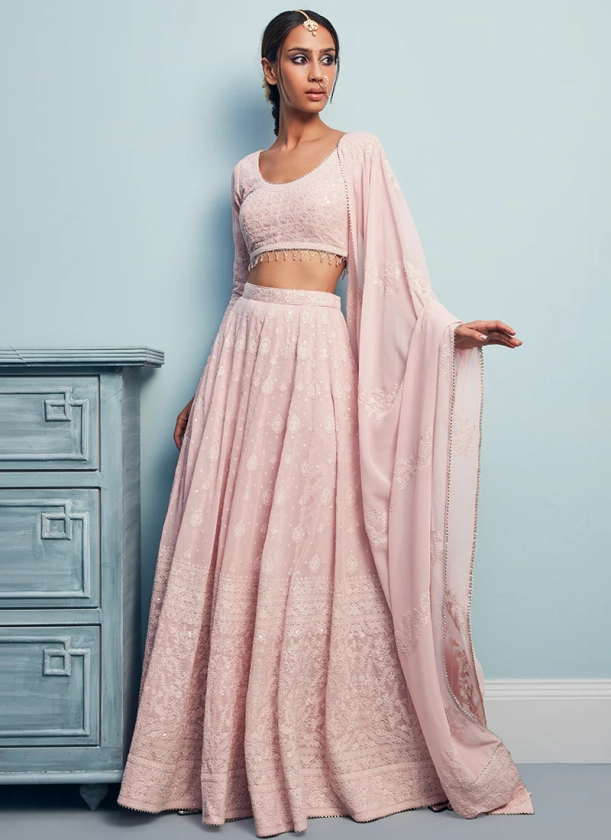 Blush Pink Thread Embroidered Lehenga | Lashkaraa