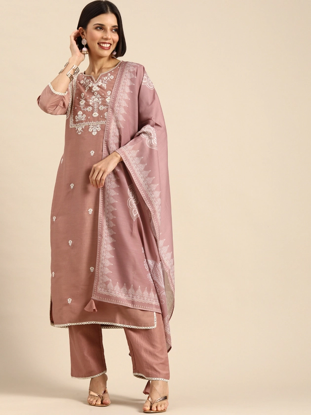 Anouk Women Pink Ethnic Motifs Embroidered Kurta with Palazzos & Dupatta