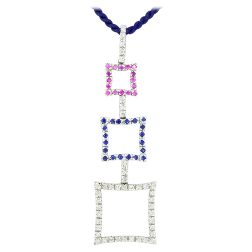 18kt White Gold Diamond, Pink Sapphire, and Blue Sapphire Pendant, 15 in, New For Sale at 1stDibs