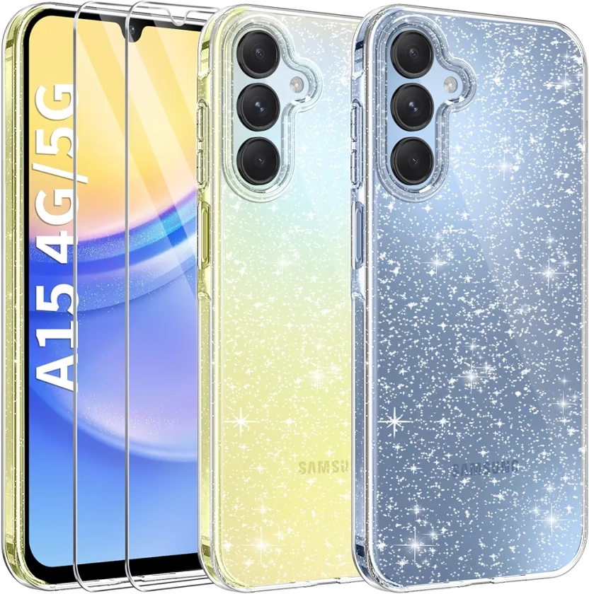 AROYI Coque 3 en 1 Compatible avec Samsung Galaxy A15 4G/5G, étui à Paillettes Silicone Souple TPU Protection Case avec 2 Films de Protection en Verre trempé, Transparent pailleté Protecteur Coque