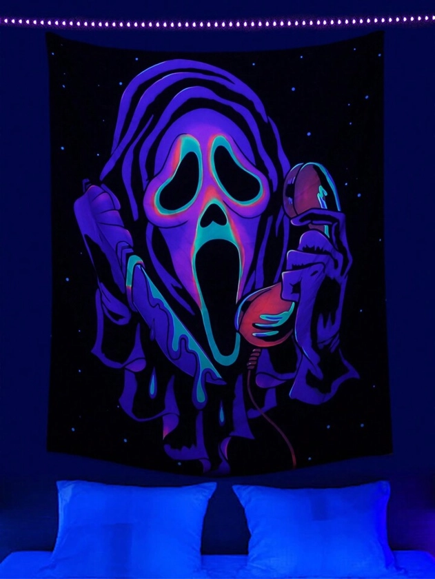 1pc Ghost With Phone And Knife Printed Fluorescent Tapestry, With Blue Light Uv Lamp Response, Fabric Wall Decoration, Flag For Room, Room Decor, Tapestri