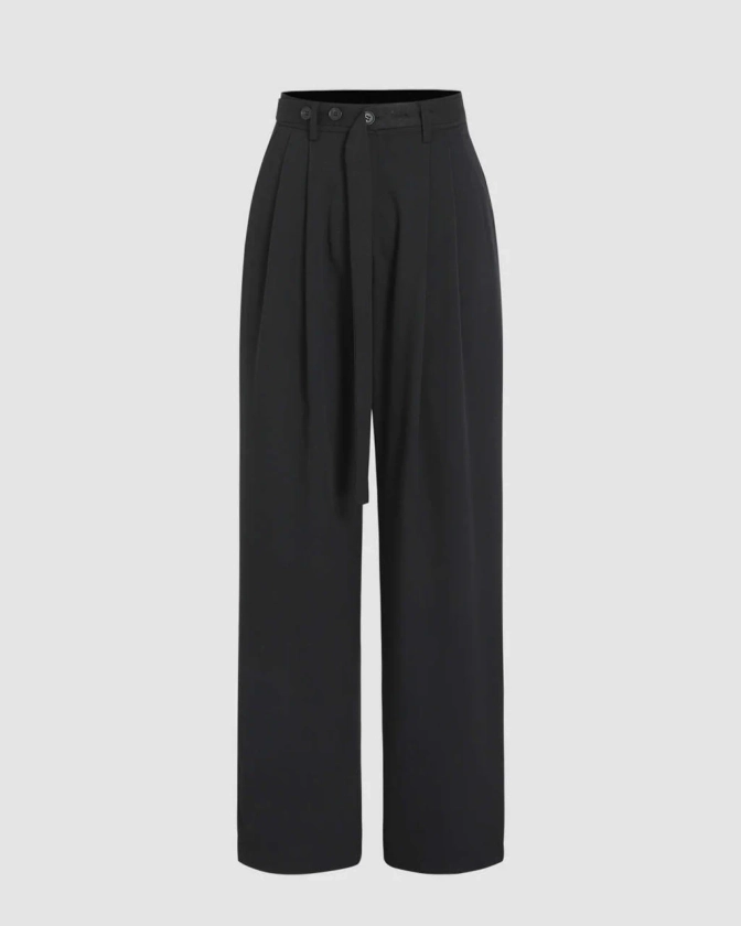 Solid Long Wide Leg Pleated Tailored Pant In Black