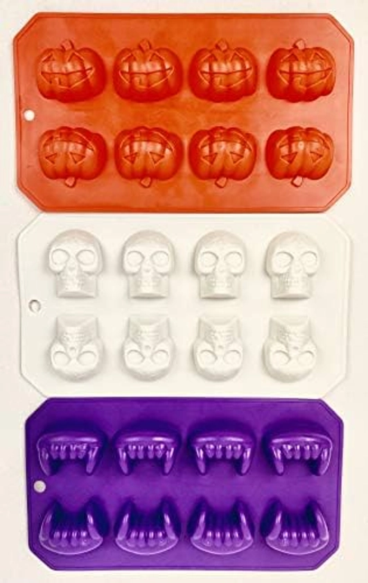 Amazon.com: Halloween Fall themed Set of 3 Ice cube trays, candy mold, jello shot skull/fang/pumpkin shapes: Home & Kitchen