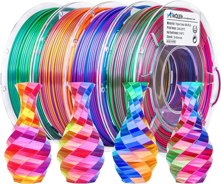 AMOLEN Filament pour Imprimante 3D, Filament PLA Soie Triple Couleur Bundle 1.75mm, Blue/Green/Orange, Red/Yellow/Blue, Red/Gold/Purple, Filament Imprimante 3D, 4x200g /Pack