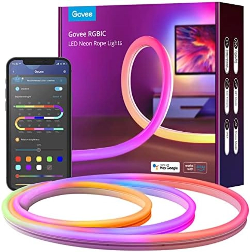 Govee Neon Rope Light, RGBIC Rope Lights with Music Sync, DIY Design, Works with Alexa, Google Assistant, 10ft LED Strip Lights for Bedroom, Living Room, Gaming Decor (Not Support 5G WiFi)