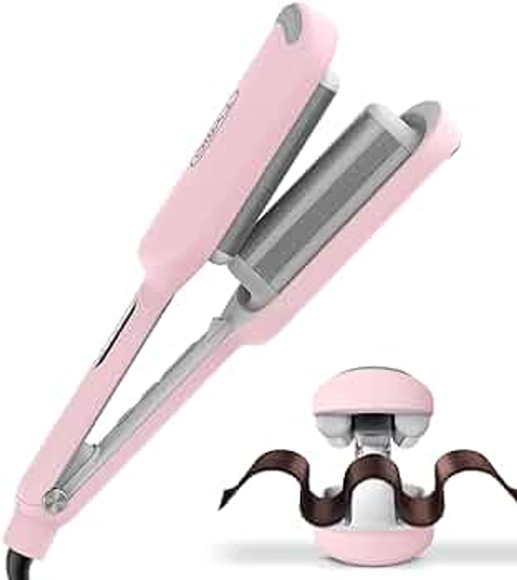 Waver Curling Iron Hair Crimper - TYMO ROVY Beach Waves Curling Wand, Ionic Deep Waver Hair Curler Tool with Ceramic 3 Barrel for Women, Dual Voltage, Anti-Scald, Easy to Use, 1.25 Inch, Pink