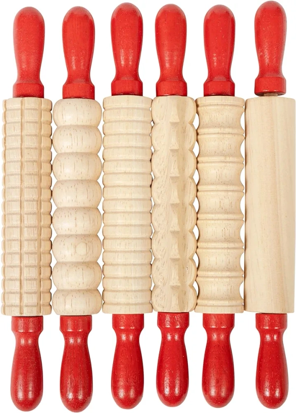READY 2 LEARN Mini Textured Wooden Rolling Pins - Set of 6-7.25 inches - Turning Handles - Rollers for Kids' Dough, Crafts, Imaginative Play