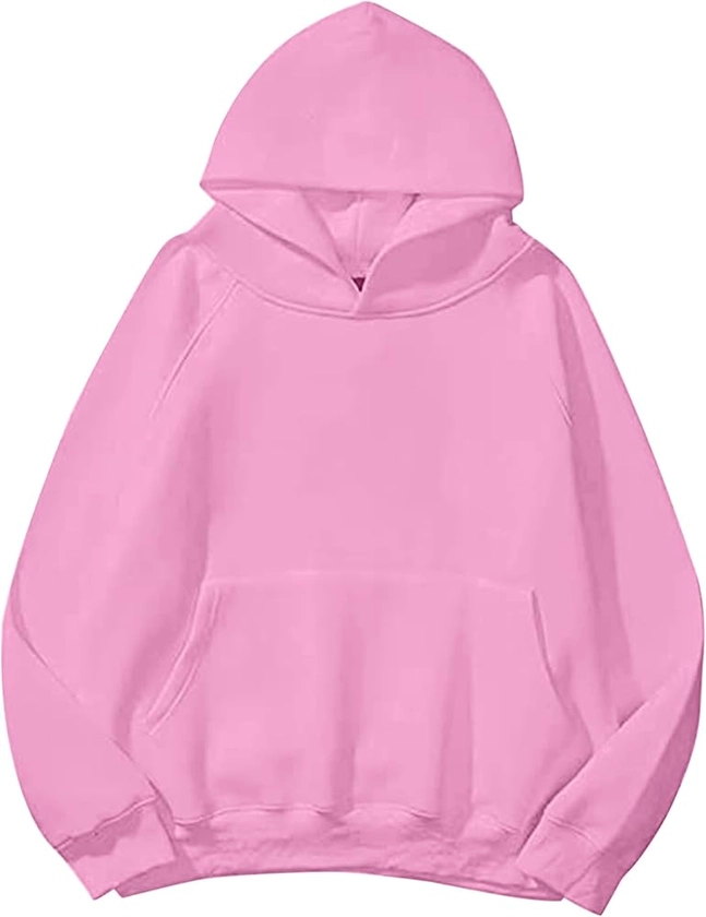 Lauweion Women Solid Basic Fleece Letter Loose Hoodie Sweatshirt Long Sleeve Kangaroo Pocket Drop Shoulder Pullovers Top