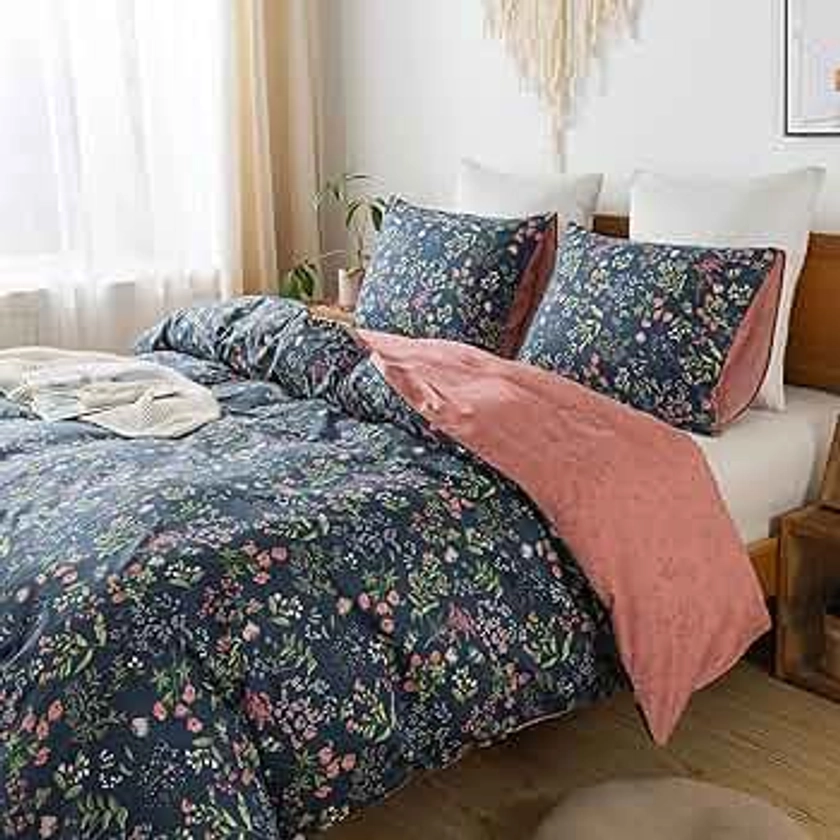 HoneiLife Queen Duvet Cover Set - 100% Cotton Floral Duvet Cover Sets,Soft & Breathable with Zipper Closure & Corner Ties,3pcs Wildflower Comforter Cover Sets- Flower Sea