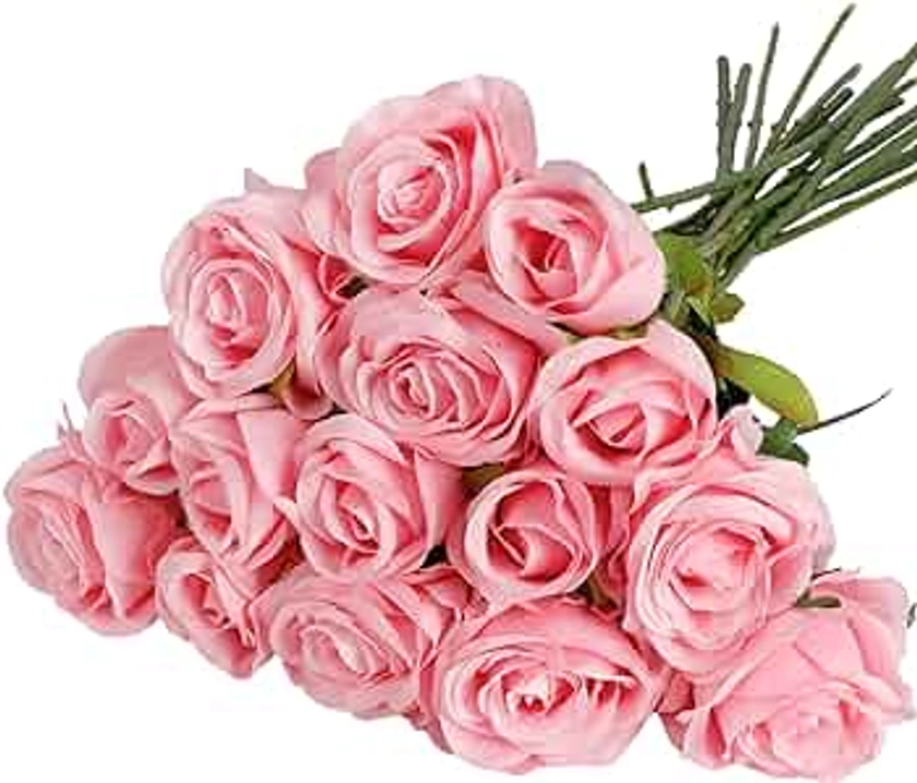 CEWOR 15pcs Artificial Pink Roses Flowers with Stems Silk Rose Bouquet Valentine's Day Decorations for Wedding Bridal Party Home Table Mom Birthday Decor (Pink)