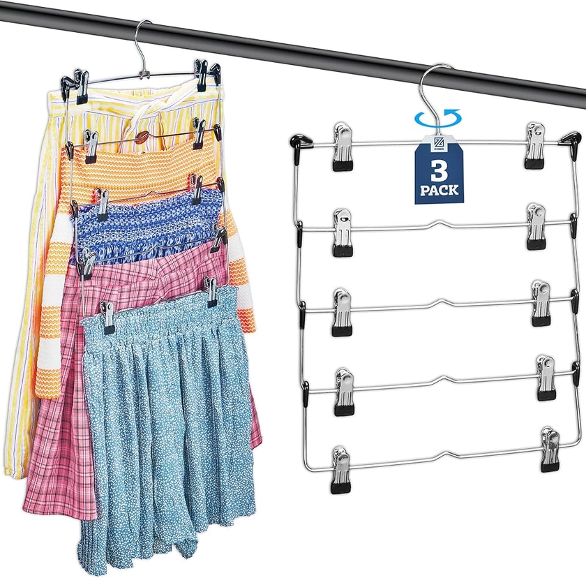 Amazon.com: Zober 5-Tier Skirt Hangers with Clips - Metal, Non-Slip Space Saving Pants Hangers W/Adjustable Clips & Swivel Hooks - Skirt Hangers for Women (3-Pack) : Home & Kitchen