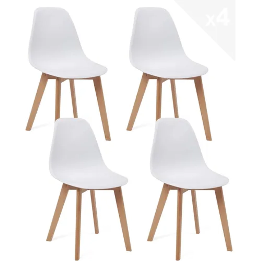 Lot 4 Chaises De Cuisine Scandinaves Siège Plastique Souple Pieds Bois NAO (blanc) - Chaise BUT